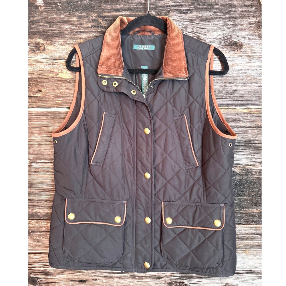 Lauren Ralph Lauren Brown Quilted Equestrian Vest Corduroy Trim